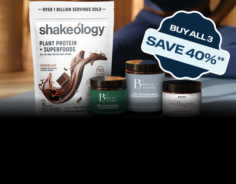 BODi perimenopause bundle with Shakeology, Belle Vitale hormone balance supplements, and collagen