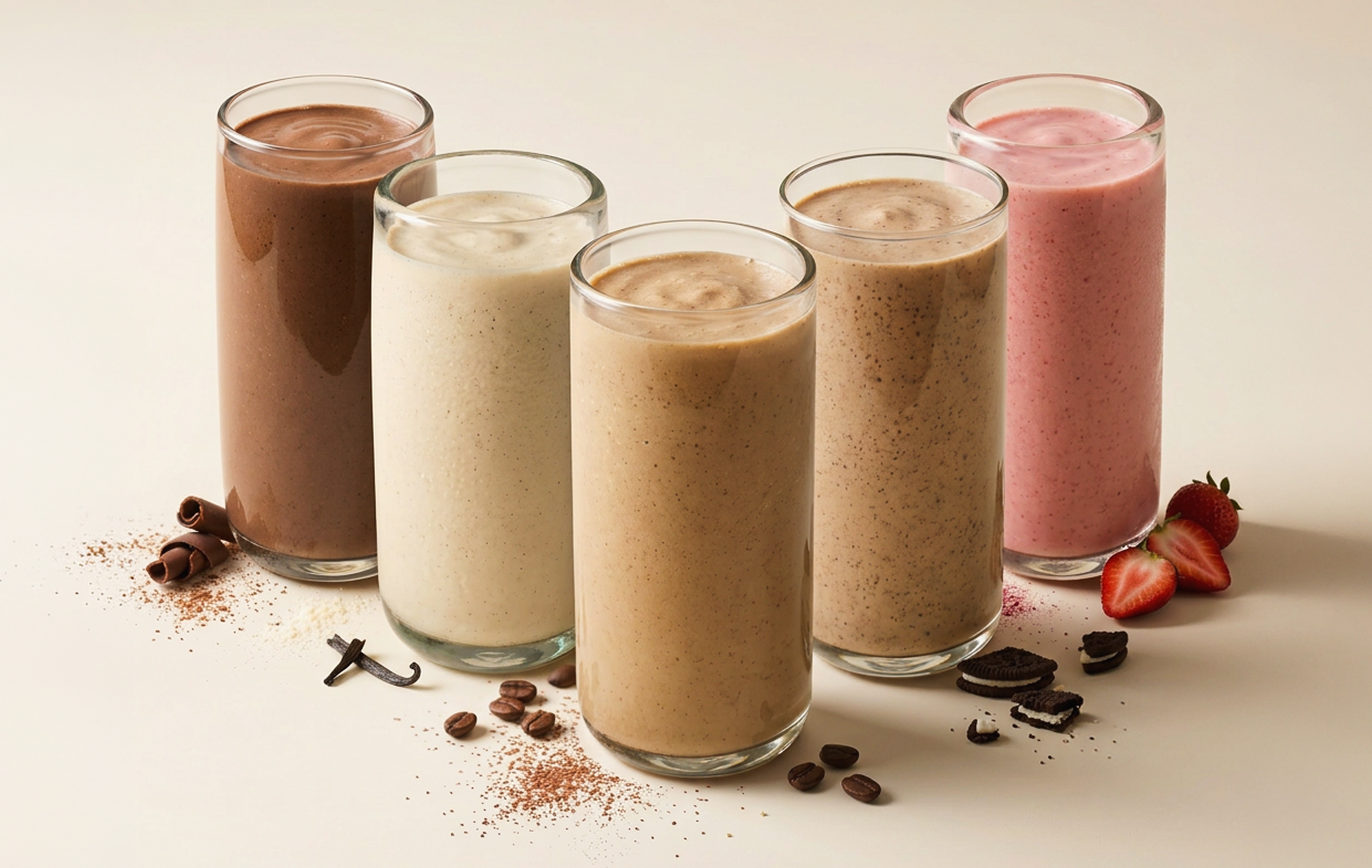 Five tall clear glasses filled with different smoothies or milk-based drinks, arranged on a light beige surface with scattered cocoa powder, coffee beans, vanilla beans, chocolate pieces, and sliced strawberries. The drinks appear in brown, cream, tan, and pink tones.