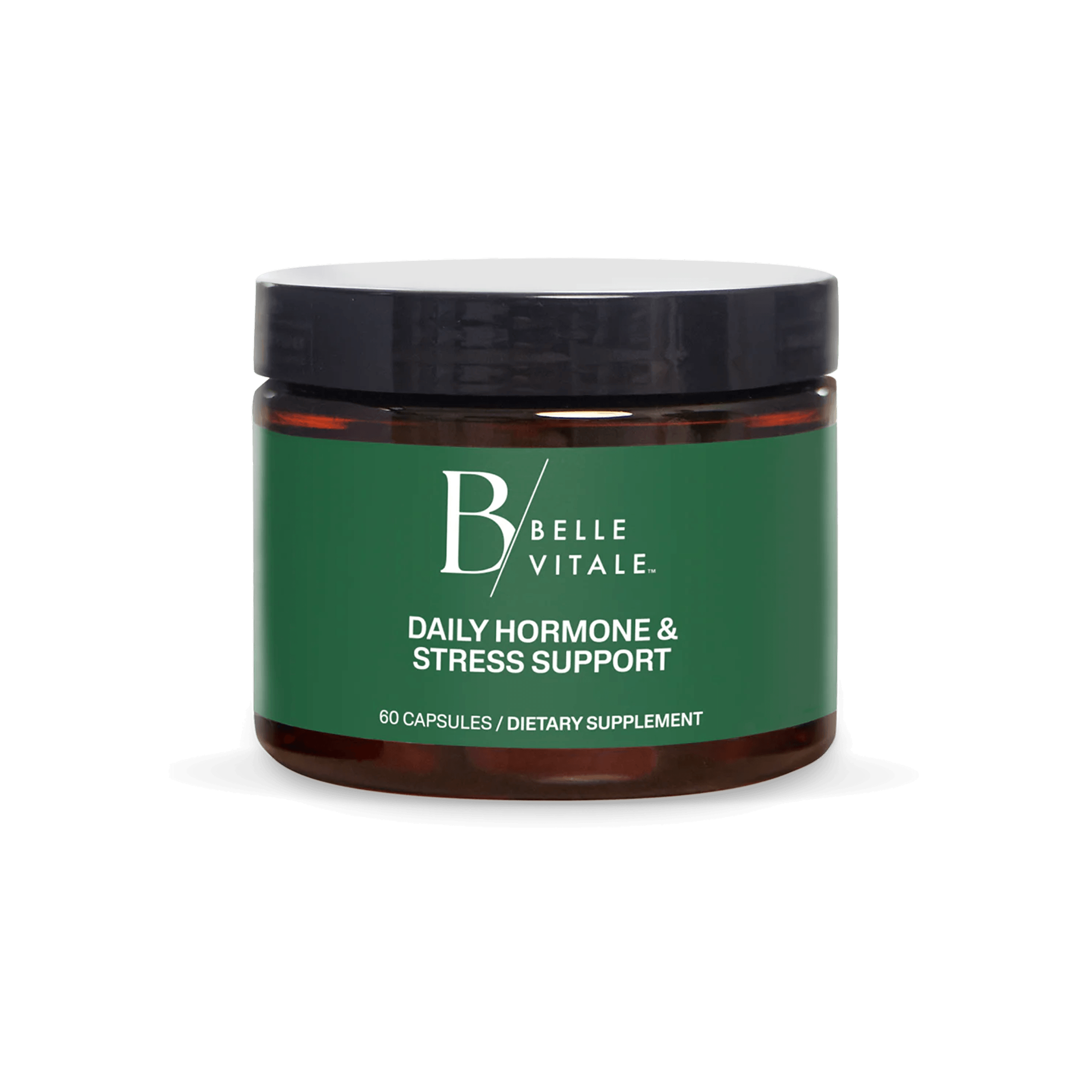 A jar of Belle Vitale Daily Hormone & Stress Support capsules with a dark green label and a black lid.