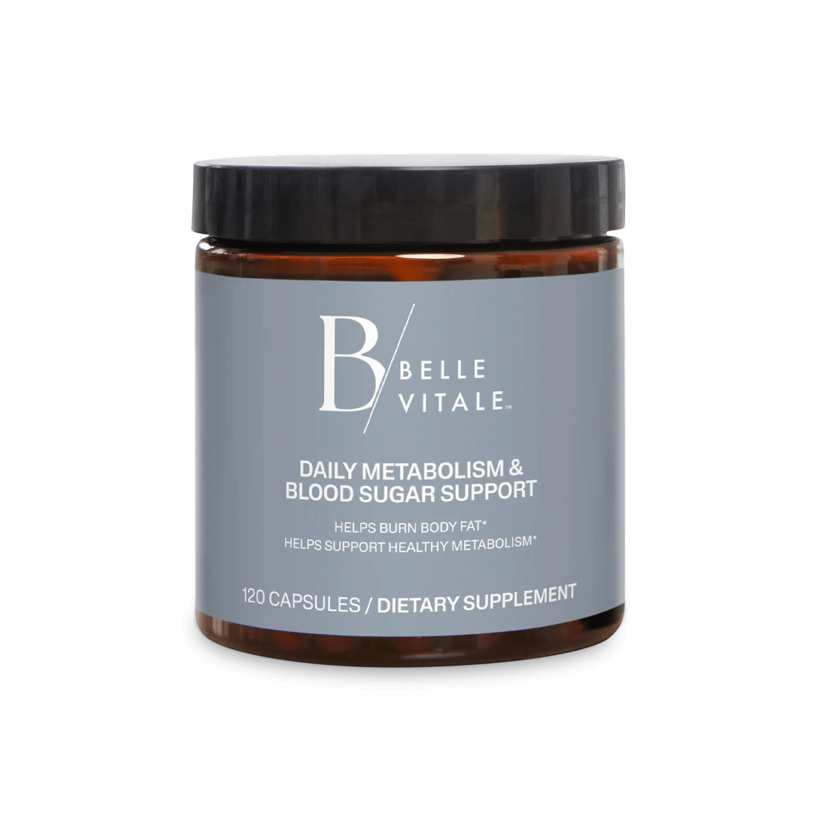 A jar of Belle Vitale Glucose Metabolism & Blood Sugar Support with a gray label and black lid.