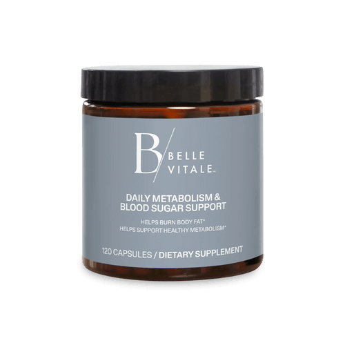 A jar of Belle Vitale Glucose Metabolism & Blood Sugar Support with a gray label and black lid.