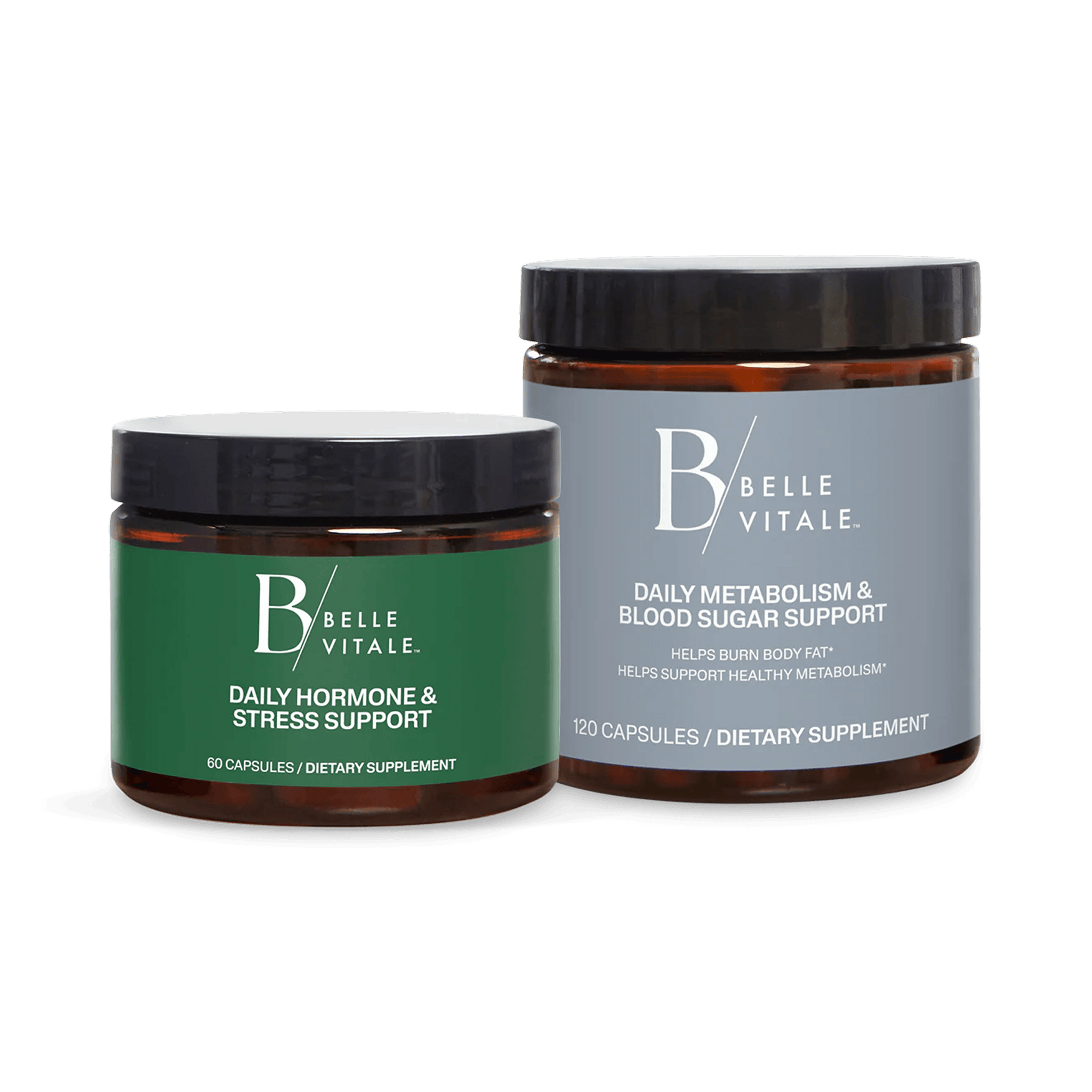 Two amber Belle Vitale supplement jars with black lids on a black background. 