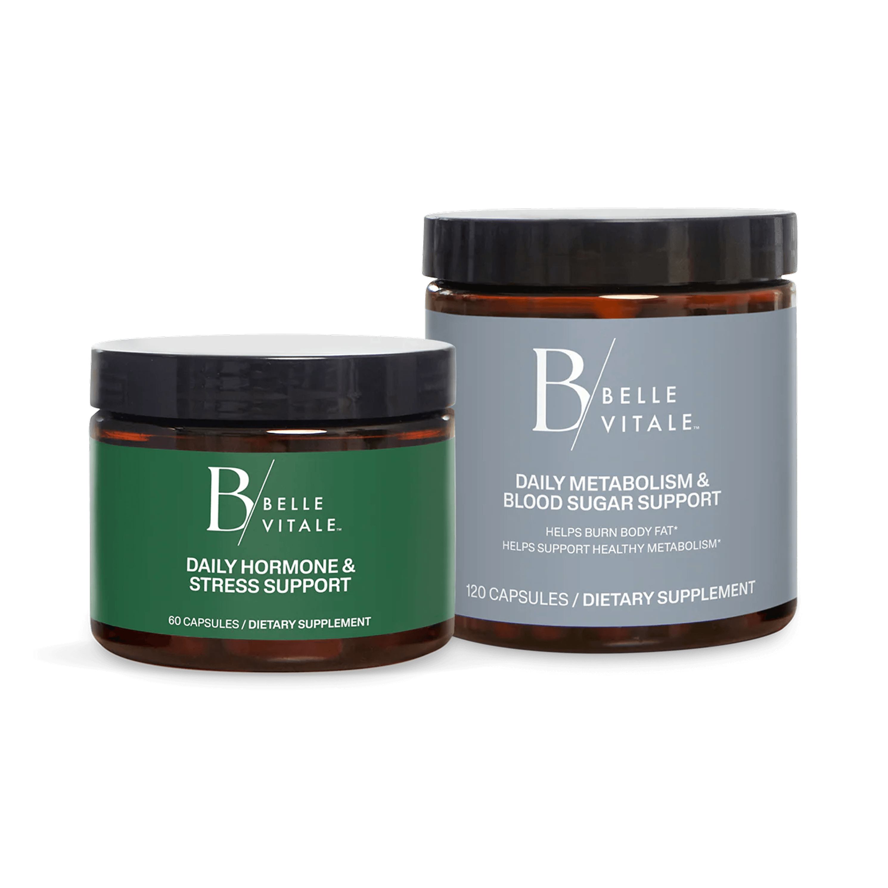 Two amber Belle Vitale supplement jars with black lids on a black background. 