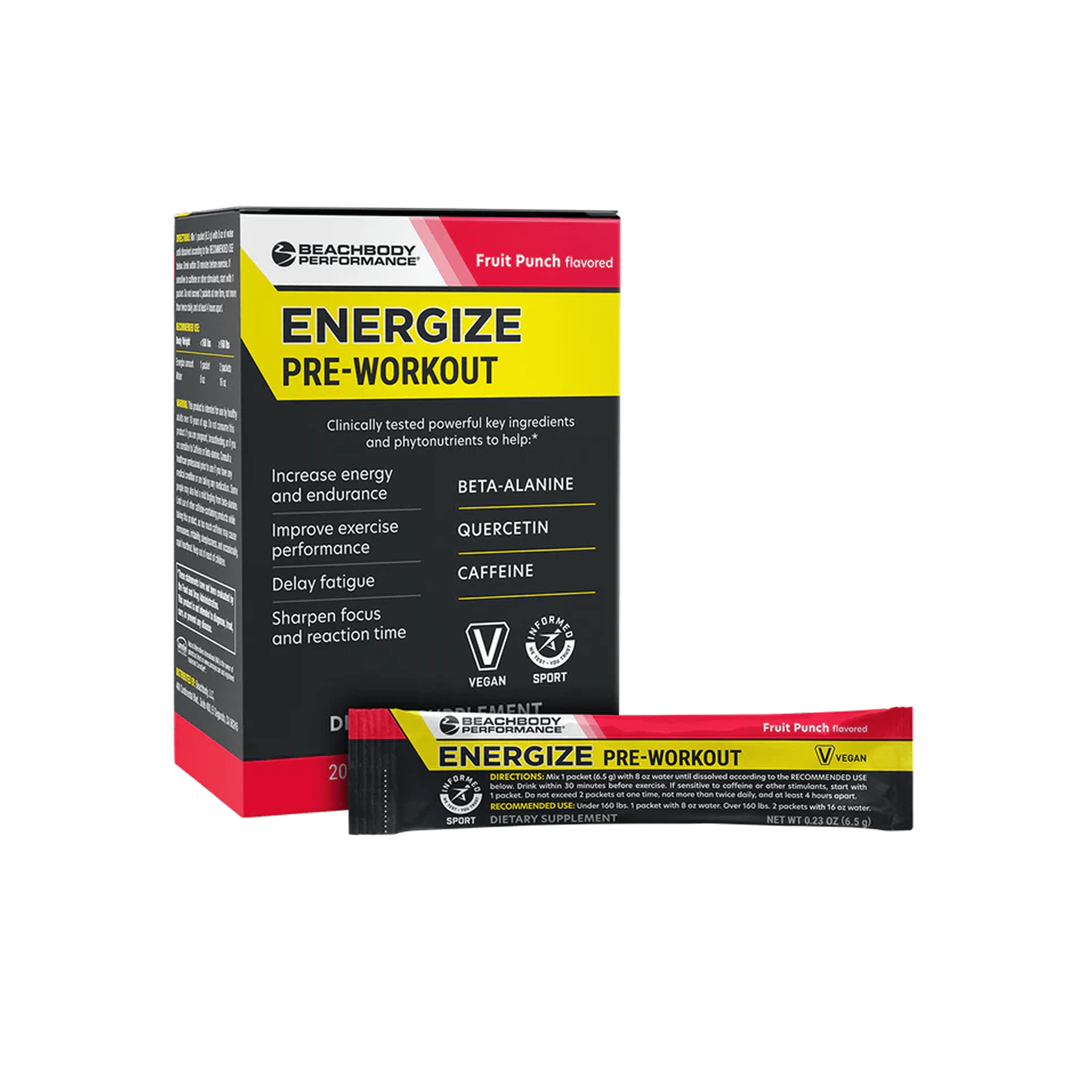 Beachbody Performance Energize pre-workout supplement box and single sachet.