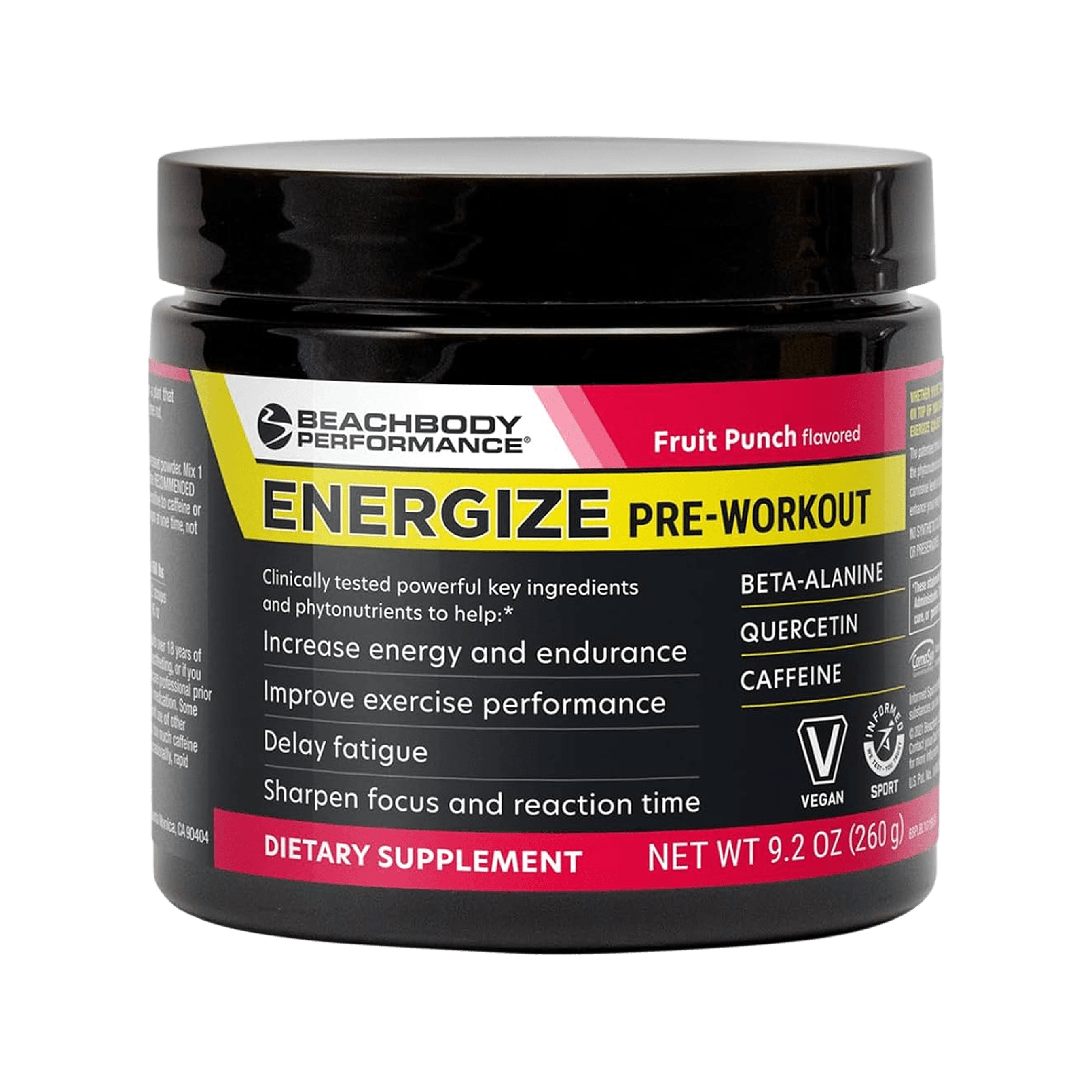 A black plastic tub of Beachbody Performance Energize Pre-workout Supplement with a black lid.