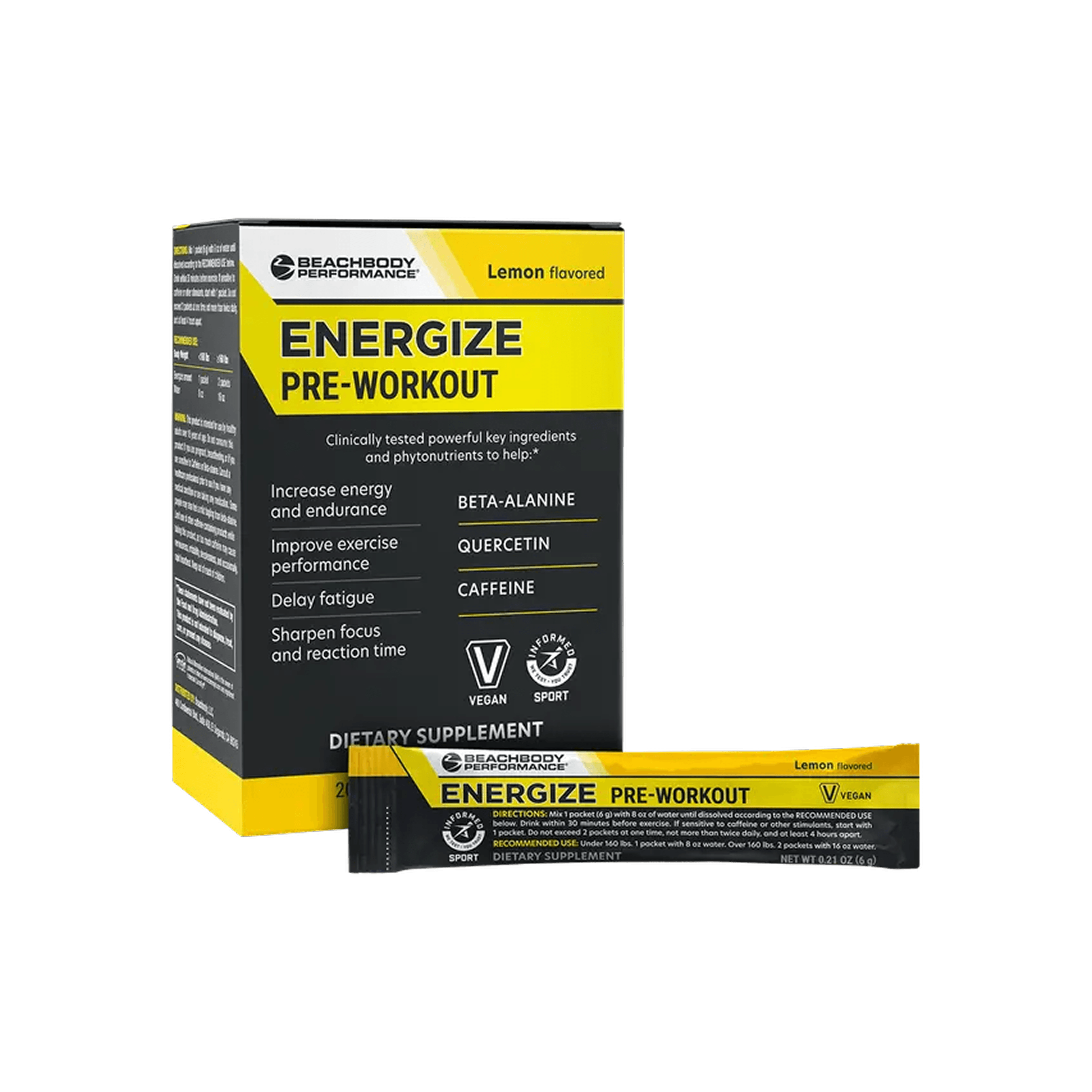 Beachbody Performance Energize pre-workout supplement box and single sachet.