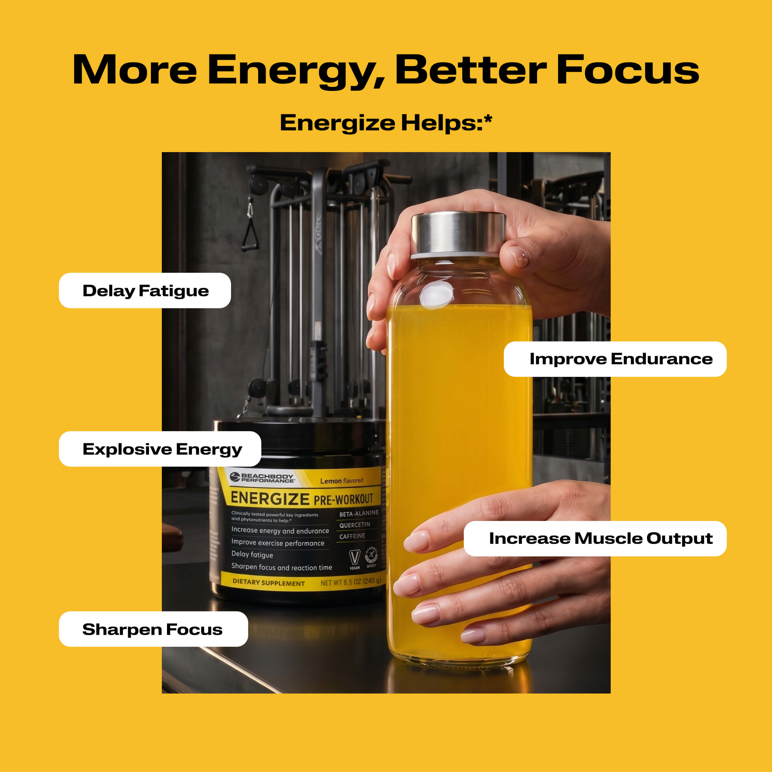 A clear bottle filled with Energize Pre-workout with benefit callouts.