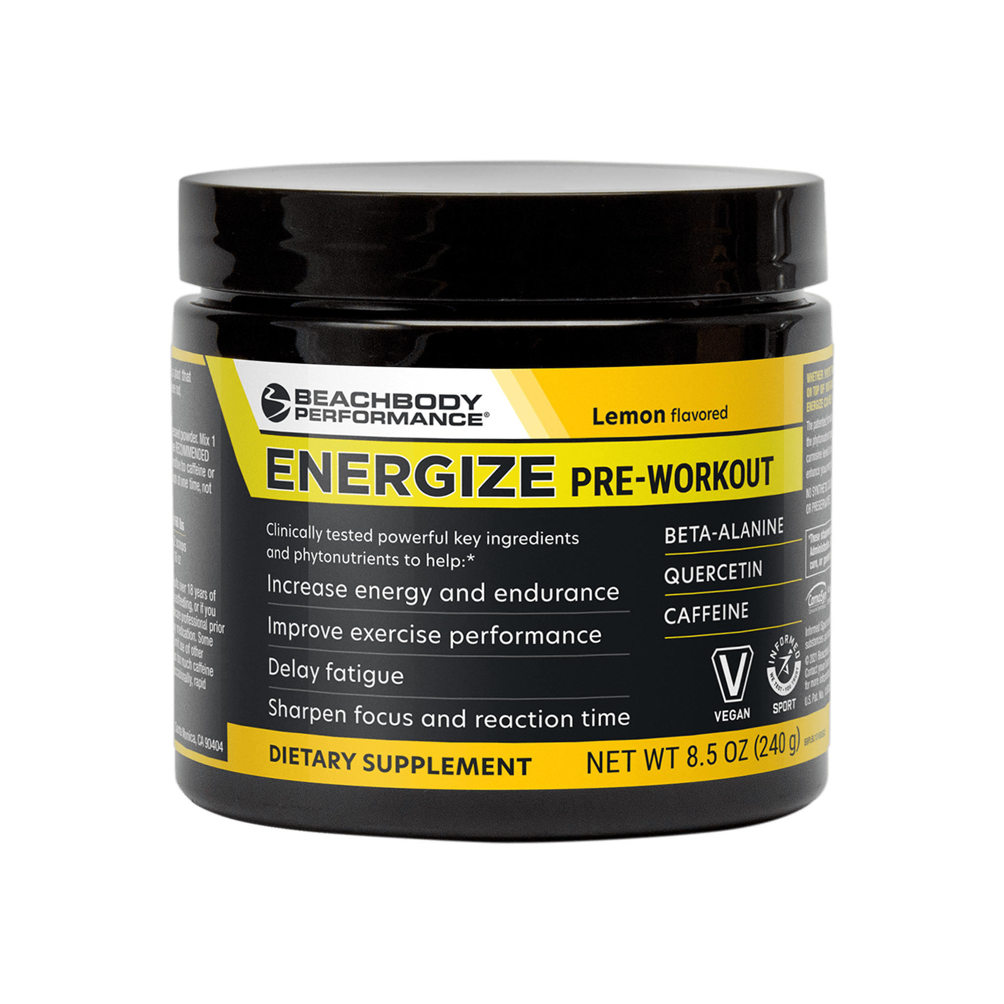 A black plastic tub of Beachbody Performance Energize Pre-workout Supplement with a black lid.