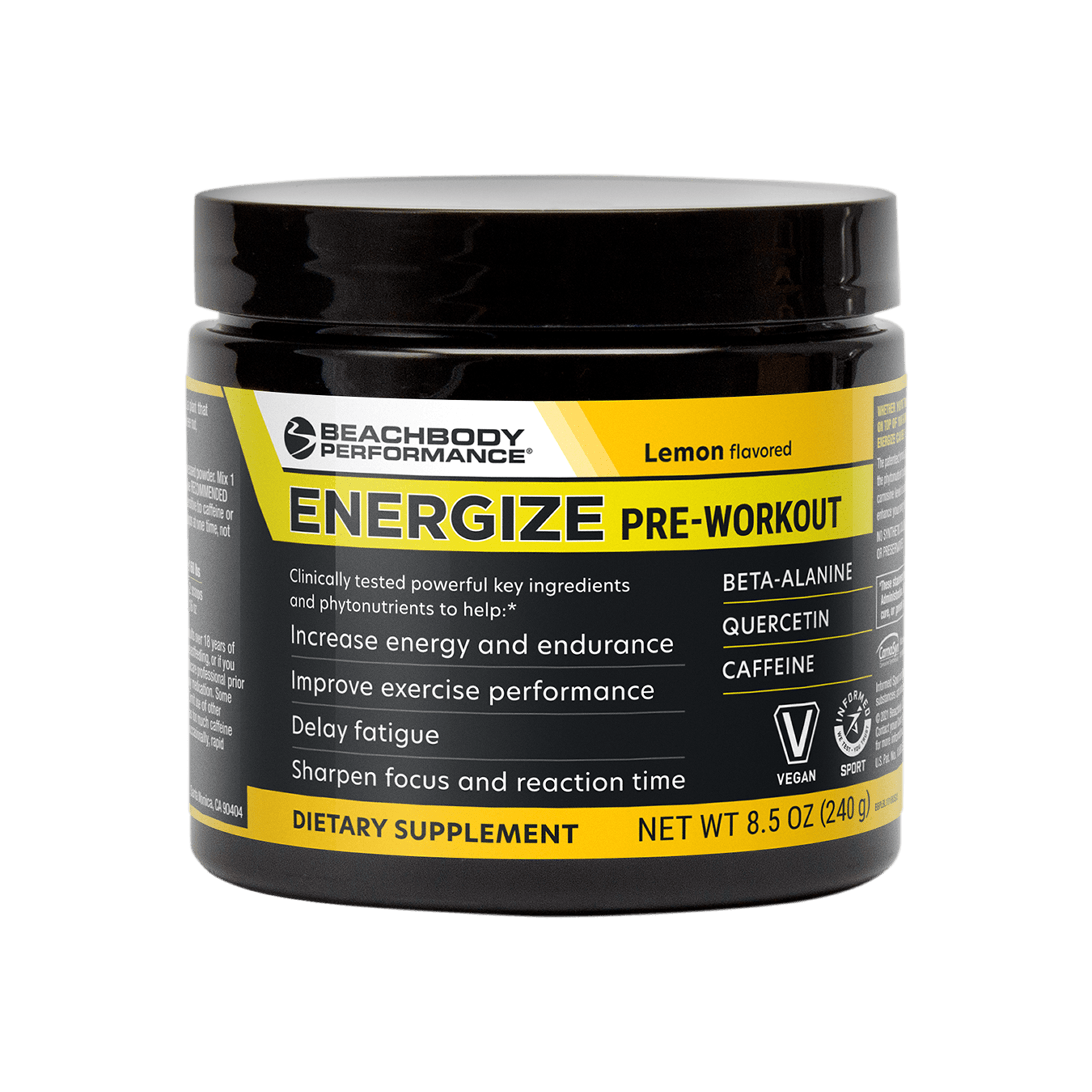 A black plastic tub of Beachbody Performance Energize Pre-workout Supplement with a black lid.