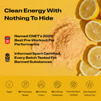 Energize Pre-workout with certification logos, and fruit slices partially visible at the edges.