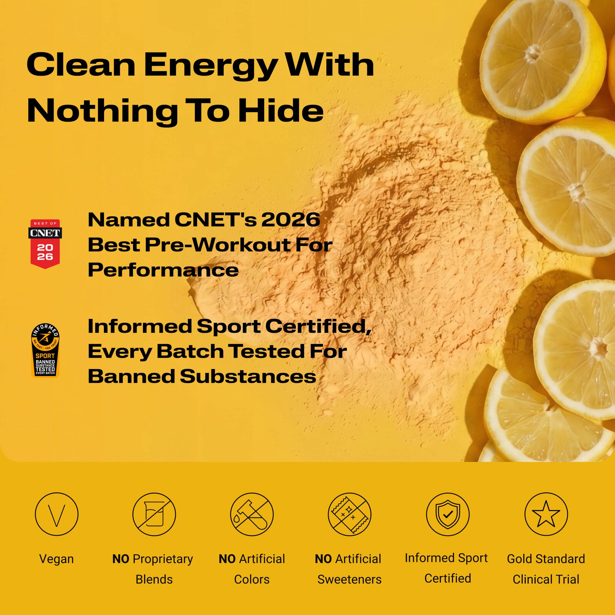 Energize Pre-workout with certification logos, and fruit slices partially visible at the edges.