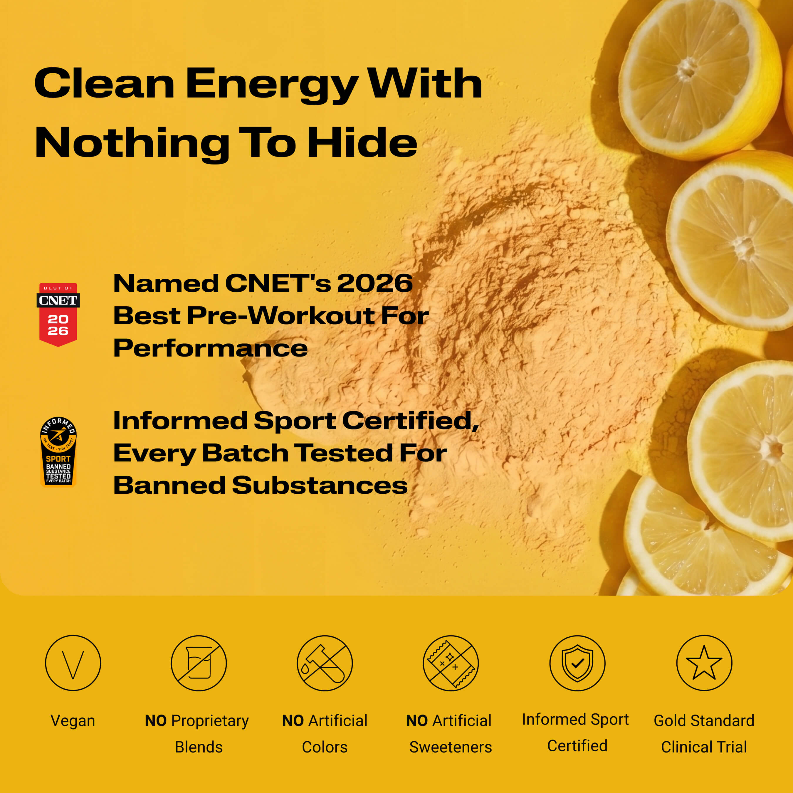 Energize Pre-workout with certification logos, and fruit slices partially visible at the edges.