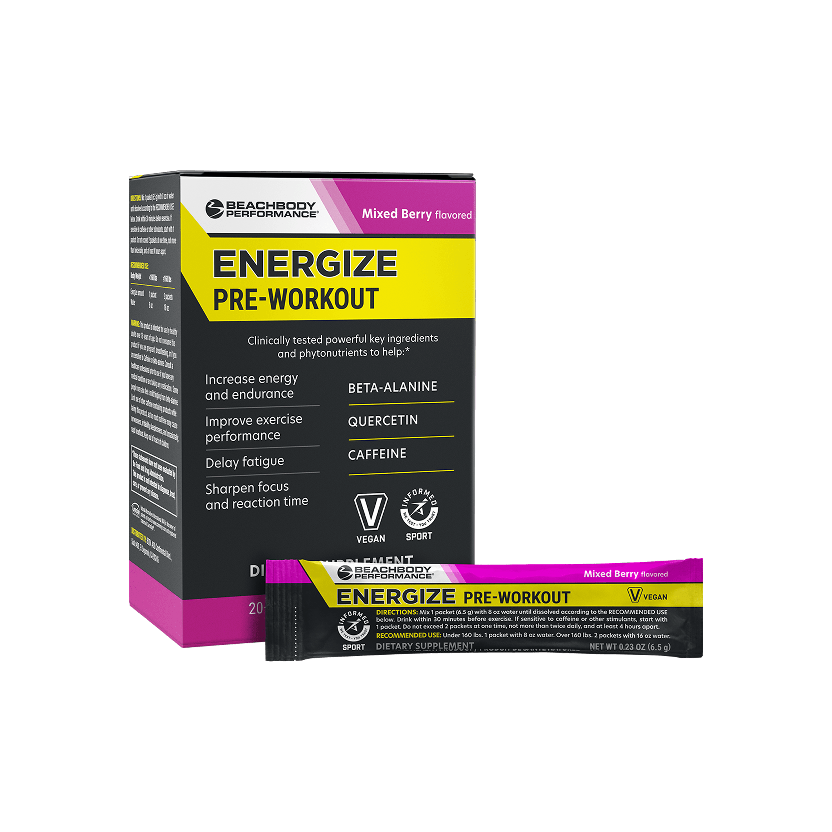Beachbody Performance Energize pre-workout supplement box and single sachet.
