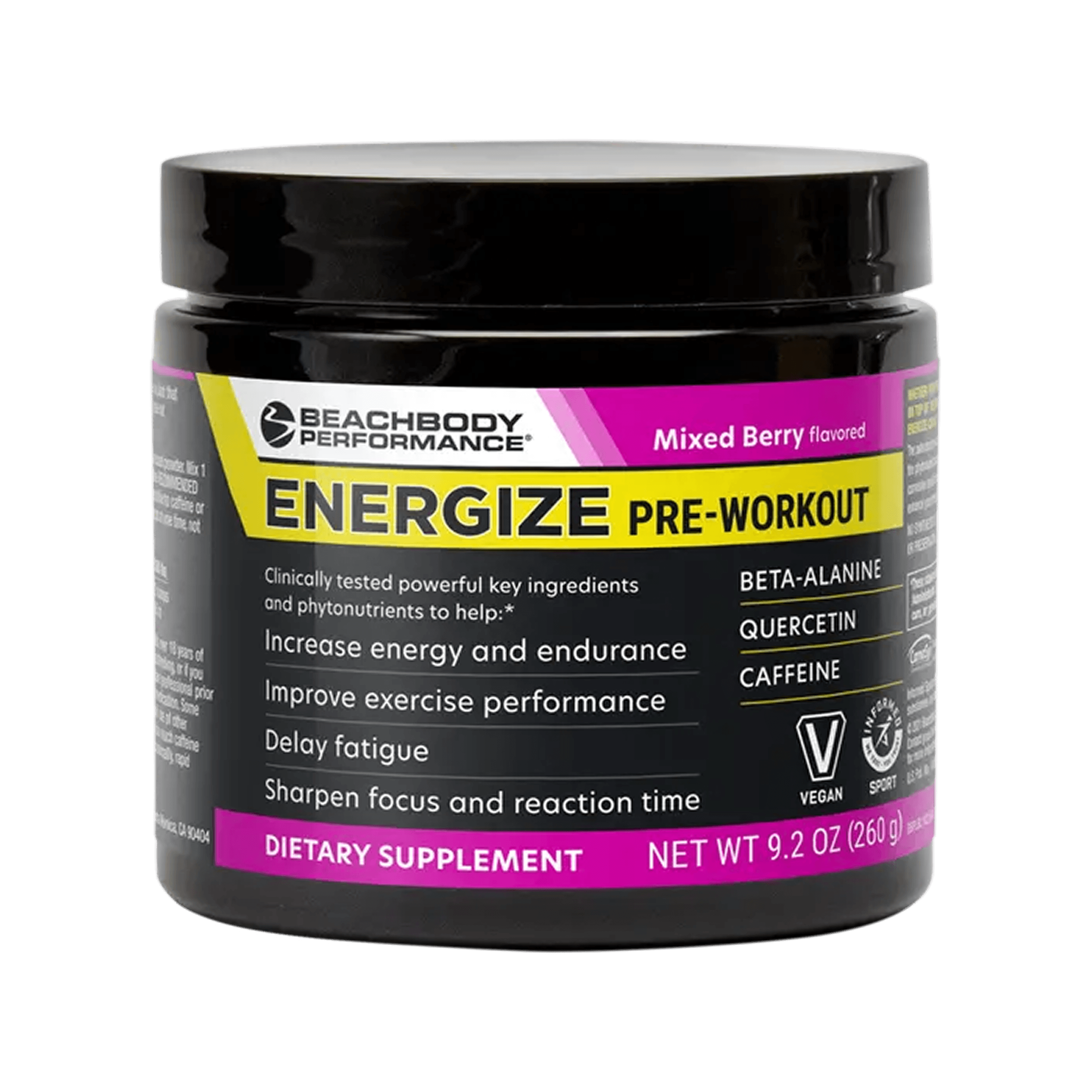 A black plastic tub of Beachbody Performance Energize Pre-workout Supplement with a black lid.