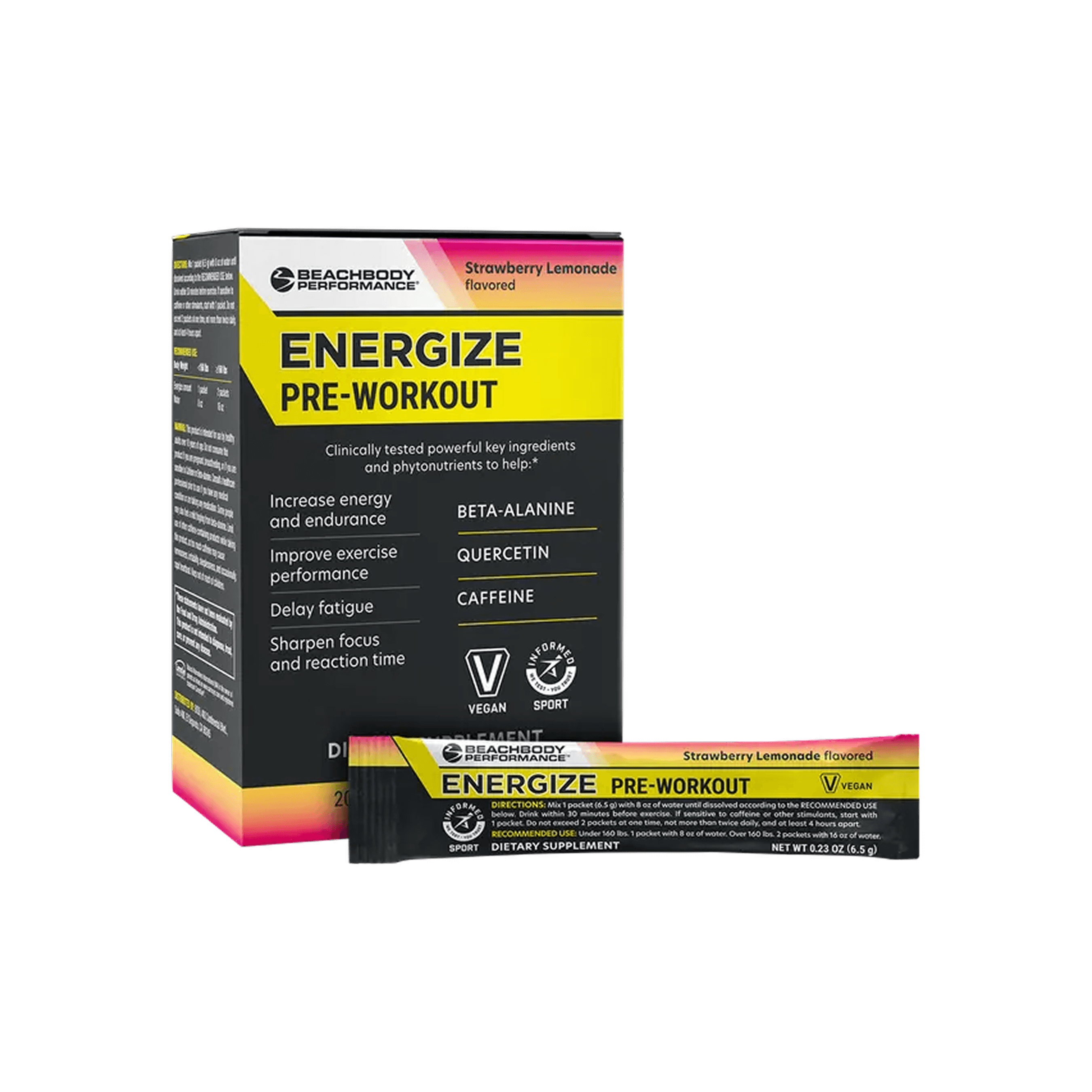 Beachbody Performance Energize pre-workout supplement box and single sachet.