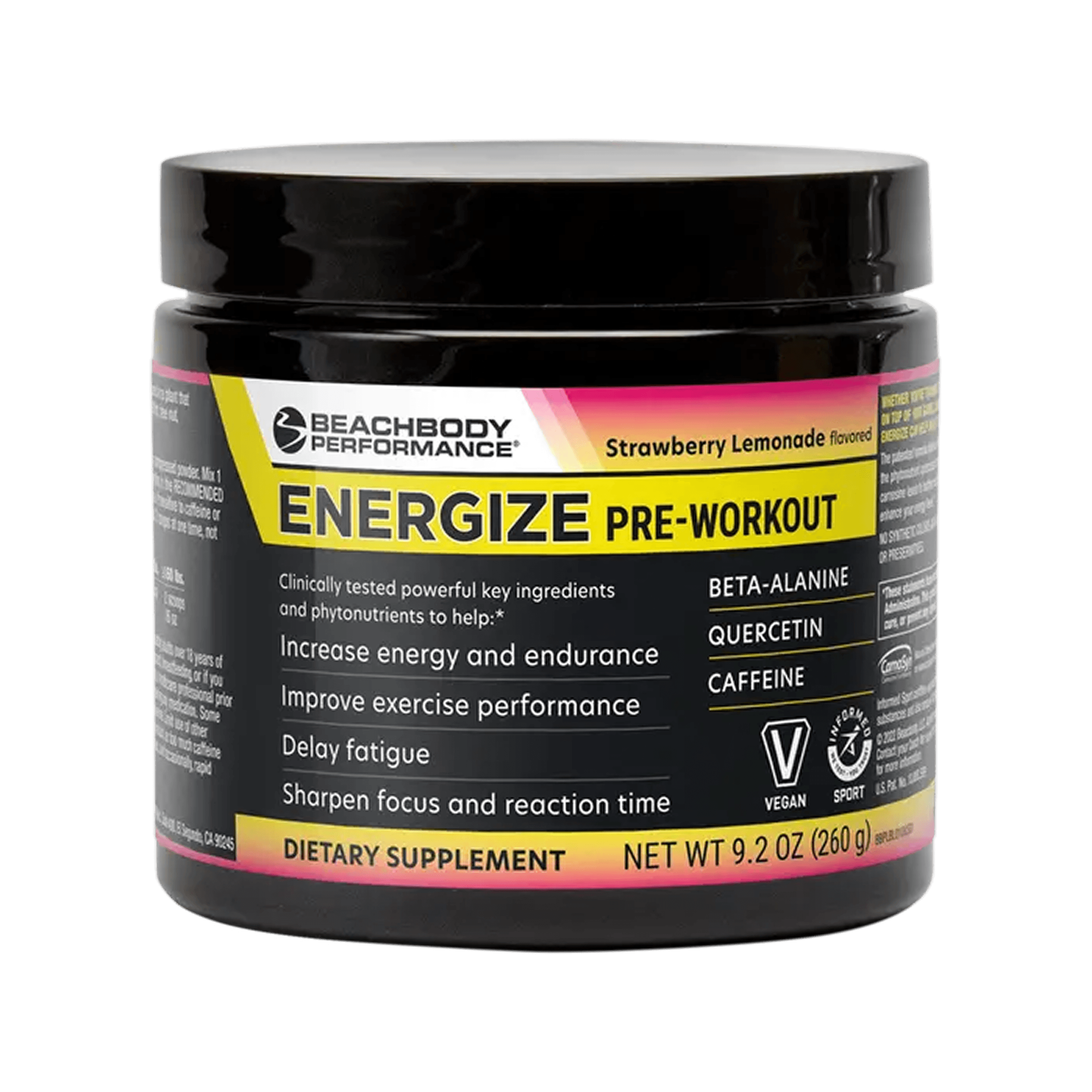 A black plastic tub of Beachbody Performance Energize Pre-workout Supplement with a black lid.