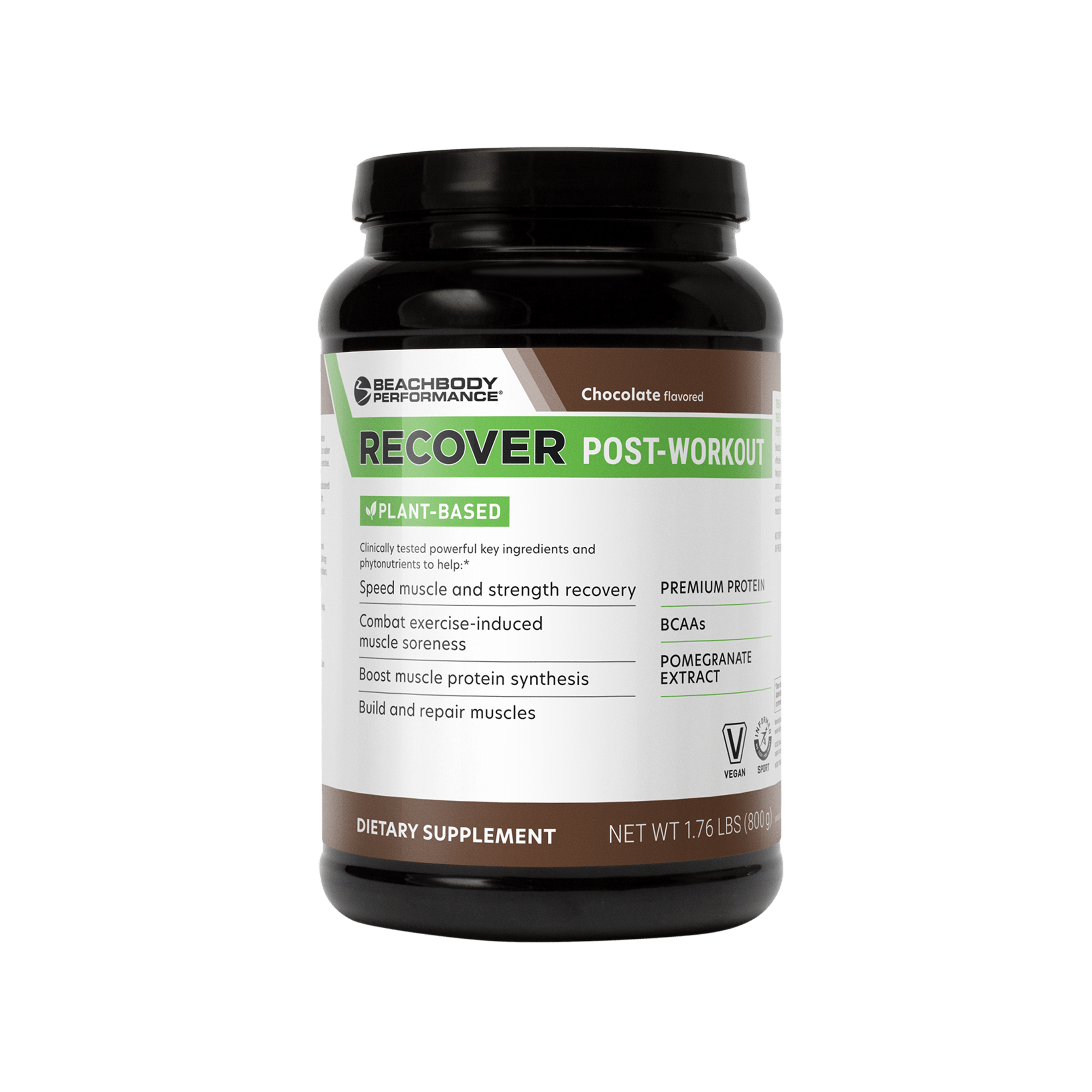 A black plastic tub of Recover post-workout supplement with a white, green, and brown label