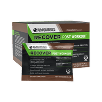 Box and single serving packet of Recover post-workout supplement in chocolate flavor