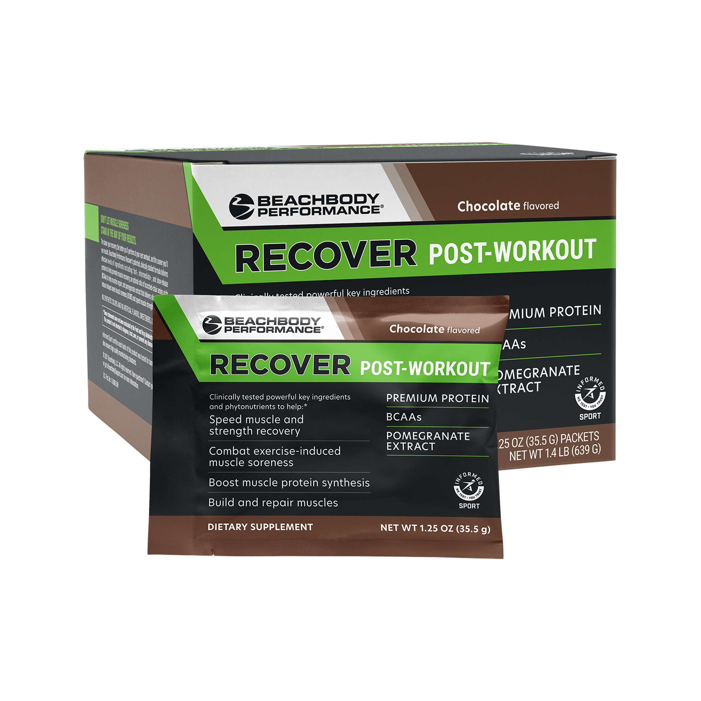 Box and single serving packet of Recover post-workout supplement in chocolate flavor