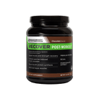 A black plastic tub of Recover post-workout supplement with a white, green, and brown label