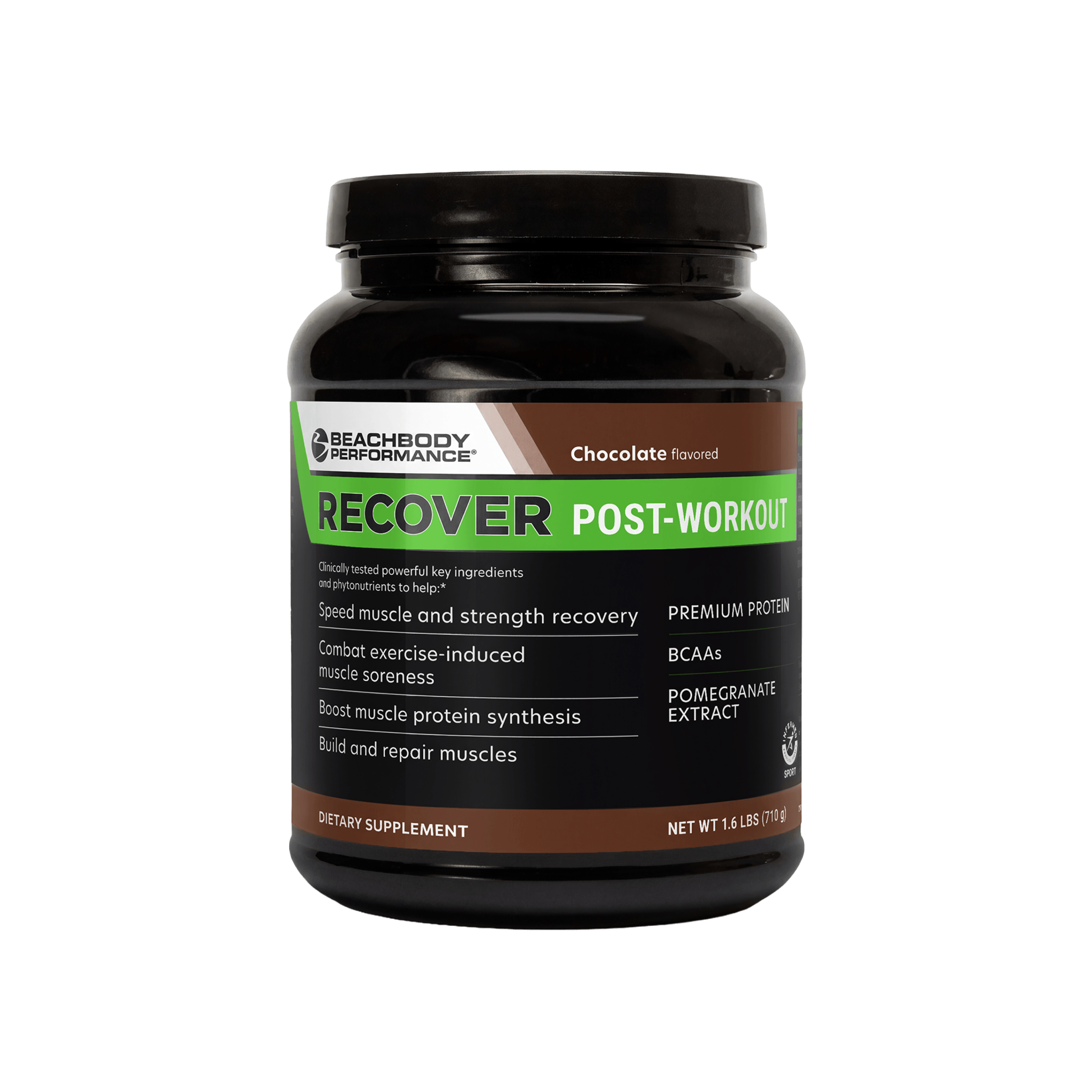 A black plastic tub of Recover post-workout supplement with a white, green, and brown label