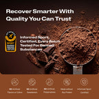 A promotional graphic for a brown powder supplement or protein powder. The image shows a metal scoop filled with the brown powder on a dark brown background, with chocolate chunks beside it.
