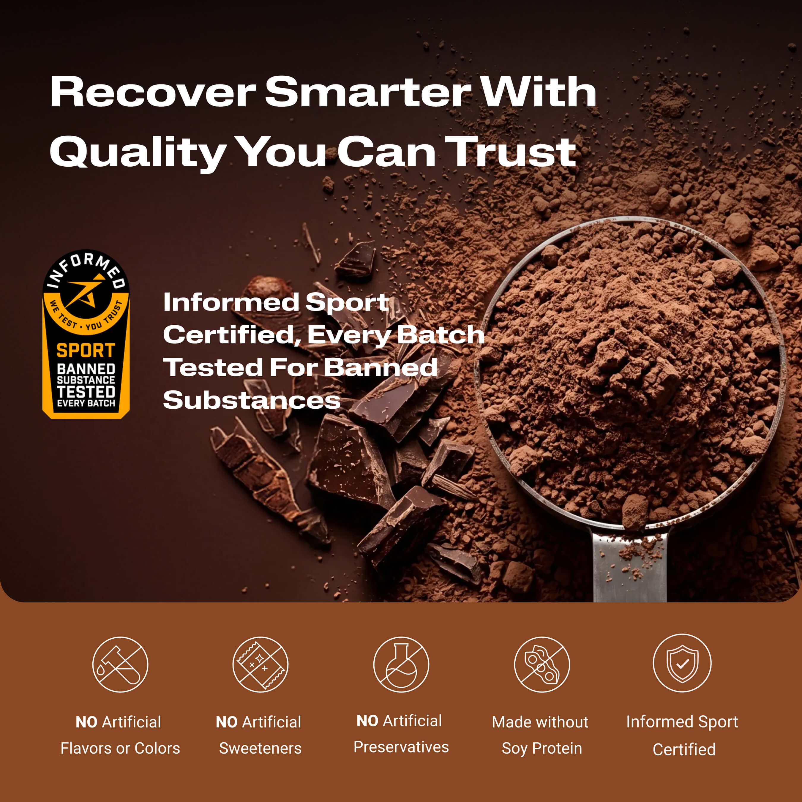 A promotional graphic for a brown powder supplement or protein powder. The image shows a metal scoop filled with the brown powder on a dark brown background, with chocolate chunks beside it.
