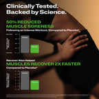 An informational marketing graphic with text claims about muscle soreness recovery, featuring a close-up photo of a person holding their arm and chest, plus two small bar charts comparing soreness scores between placebo and recovery.