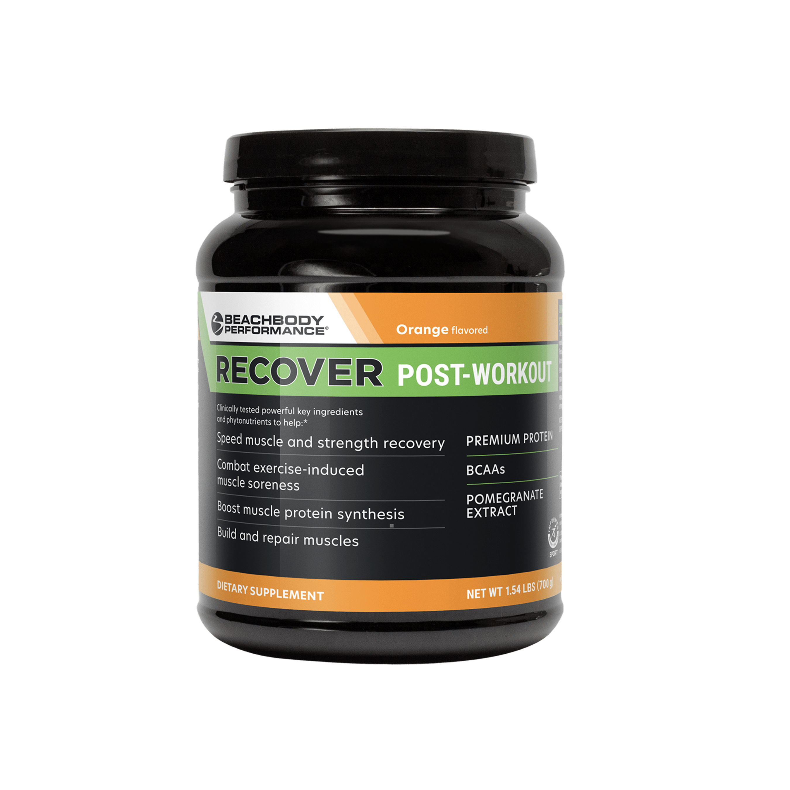 A black plastic tub of Recover post-workout supplement with a white, green, and orange label