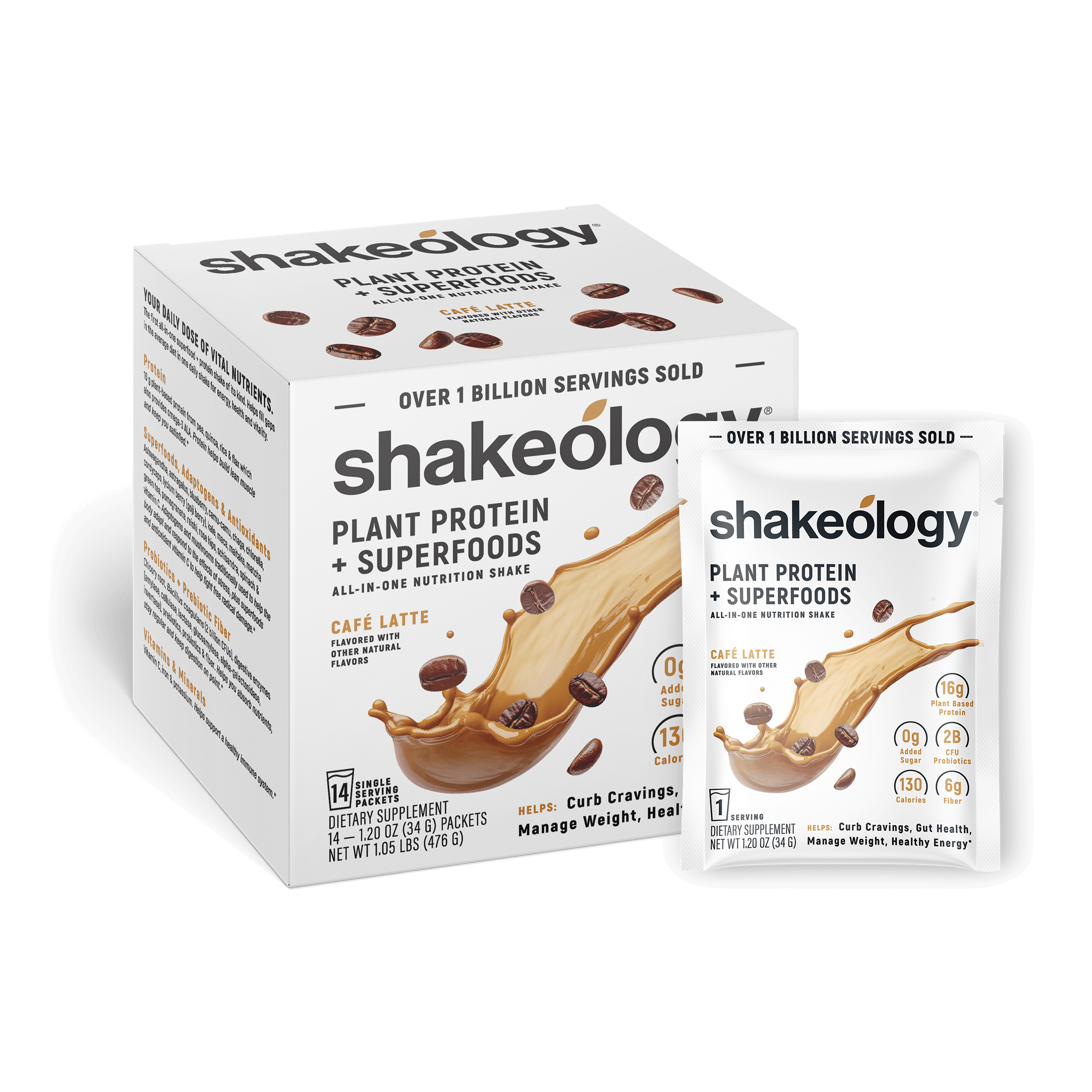 Shakeology Plant Protein + Superfoods shown as a retail box with a single sachet in front