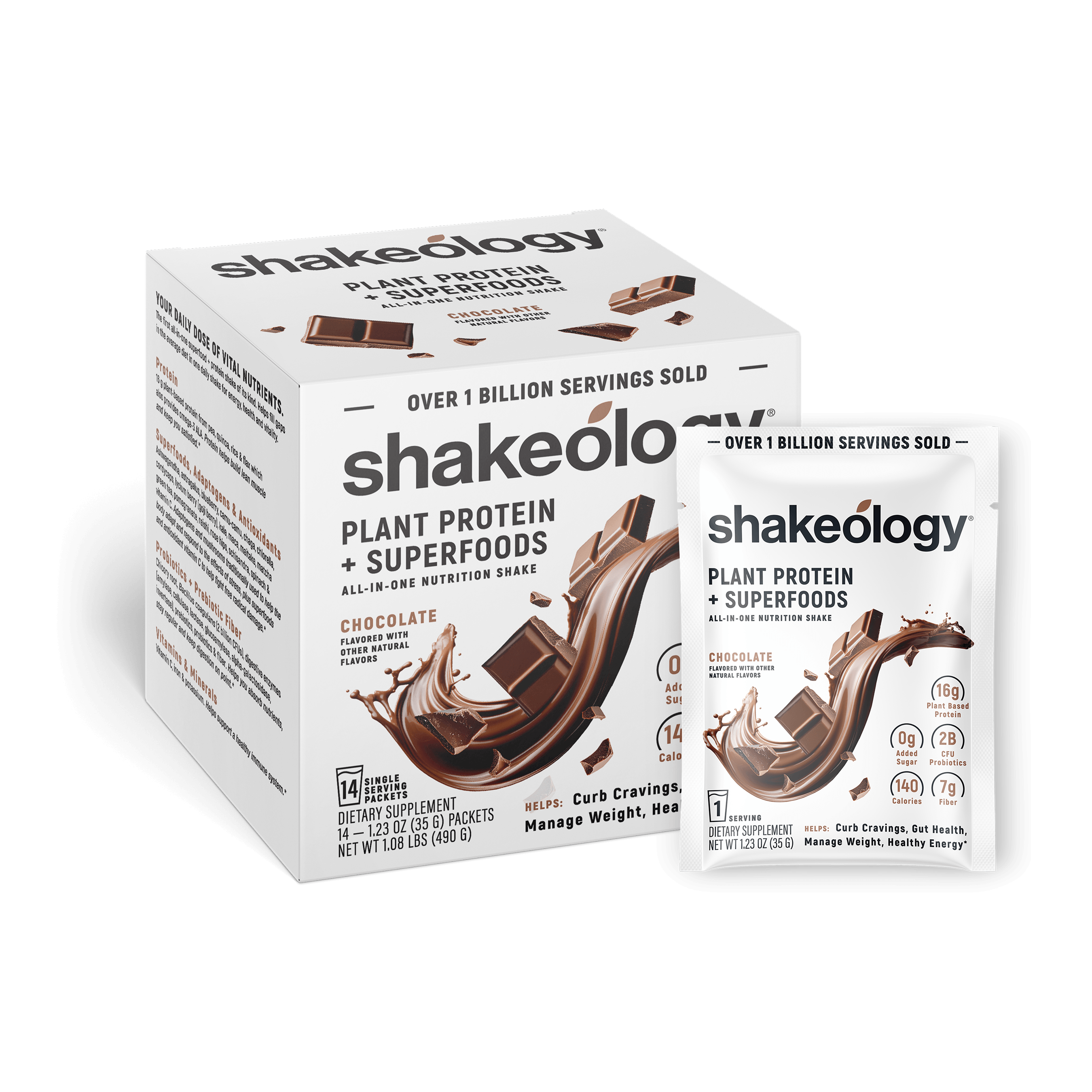 Shakeology Plant Protein + Superfoods shown as a retail box with a single sachet in front