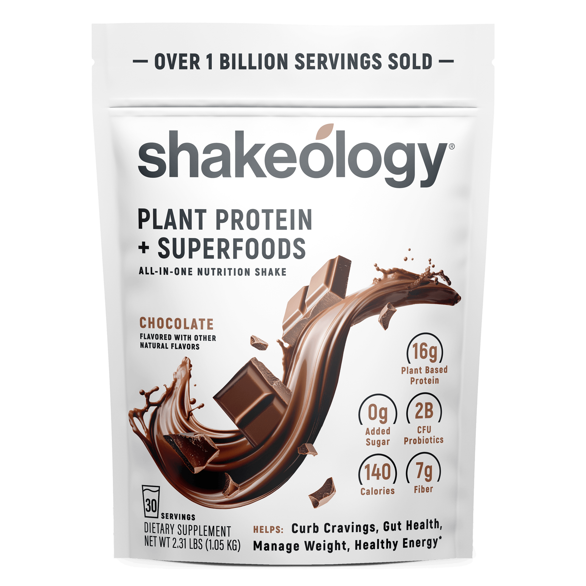 A stand-up pouch of Shakeology Plant Protein + Superfoods in chocolate flavor, shown on a plain white background. The packaging is white with black text and a large chocolate splash graphic on the front, plus callout icons for protein, added sugar, calories, and fiber.