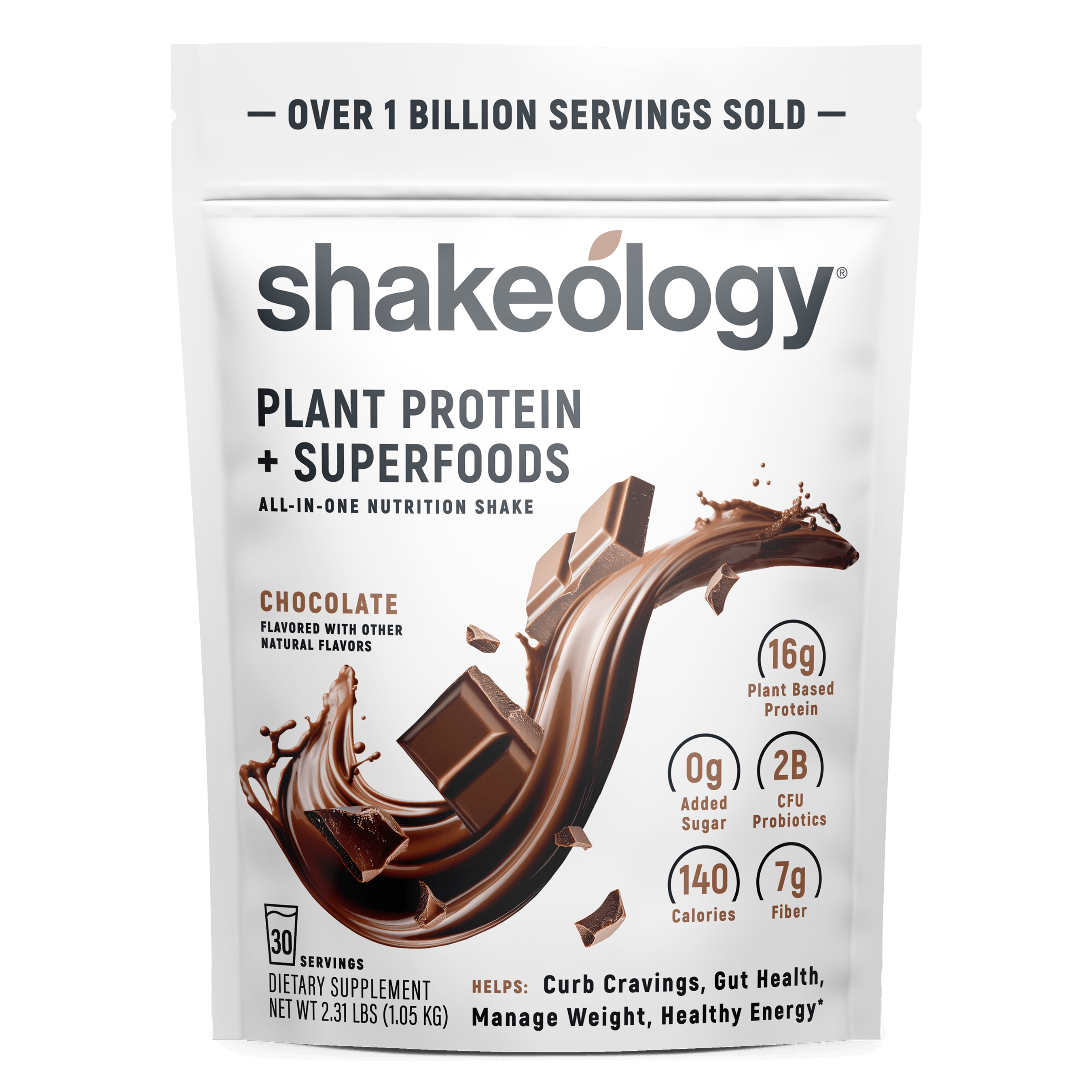 A stand-up pouch of Shakeology Plant Protein + Superfoods in chocolate flavor, shown on a plain white background. The packaging is white with black text and a large chocolate splash graphic on the front, plus callout icons for protein, added sugar, calories, and fiber.