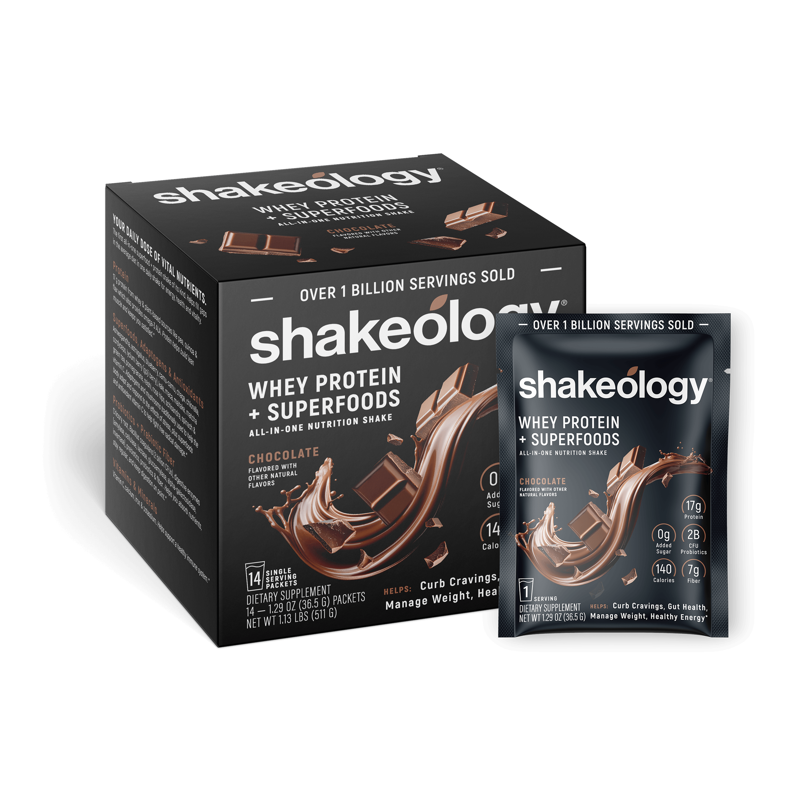 Shakeology Whey Protein + Superfoods shown as a retail box with a single sachet in front