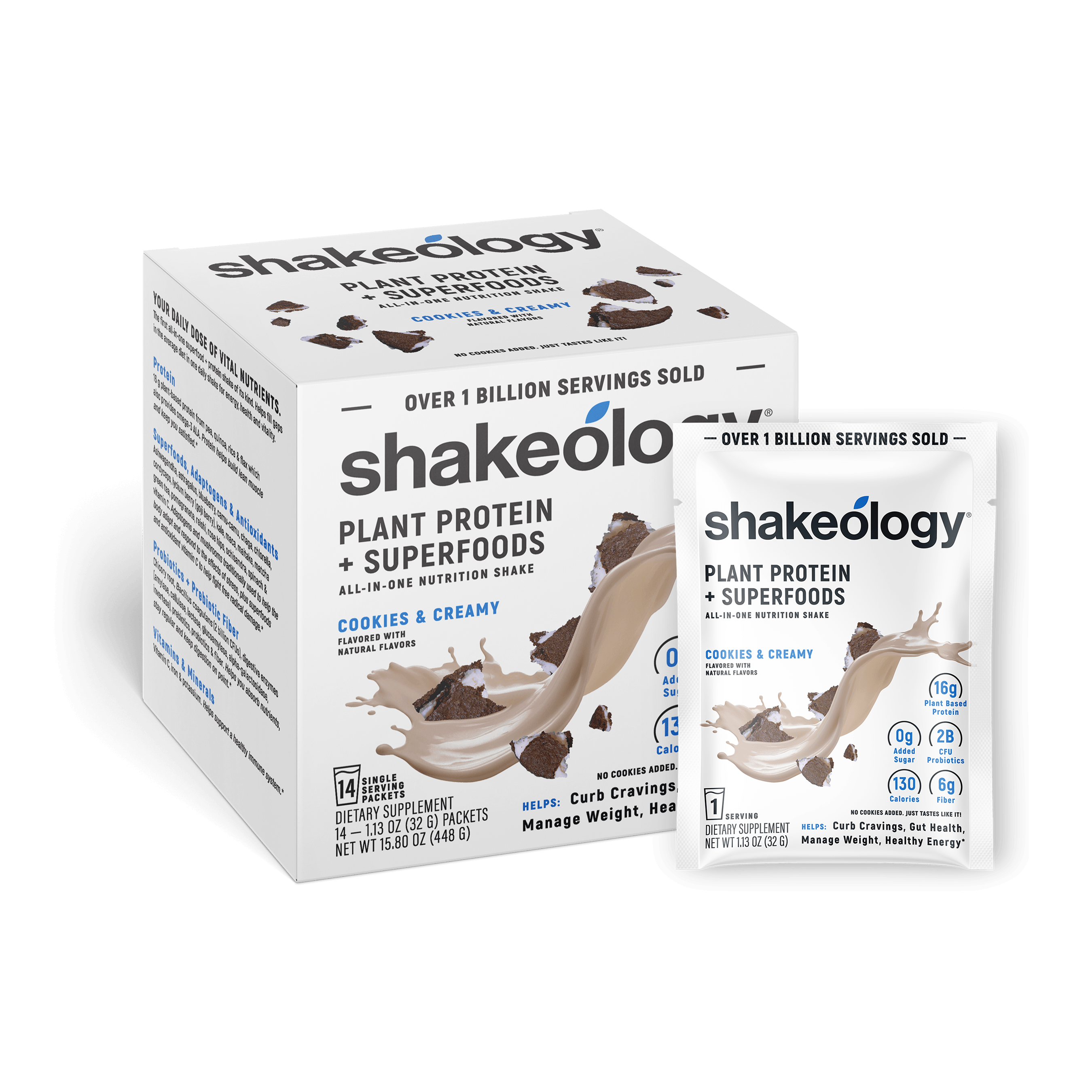 Shakeology Plant Protein + Superfoods shown as a retail box with a single sachet in front