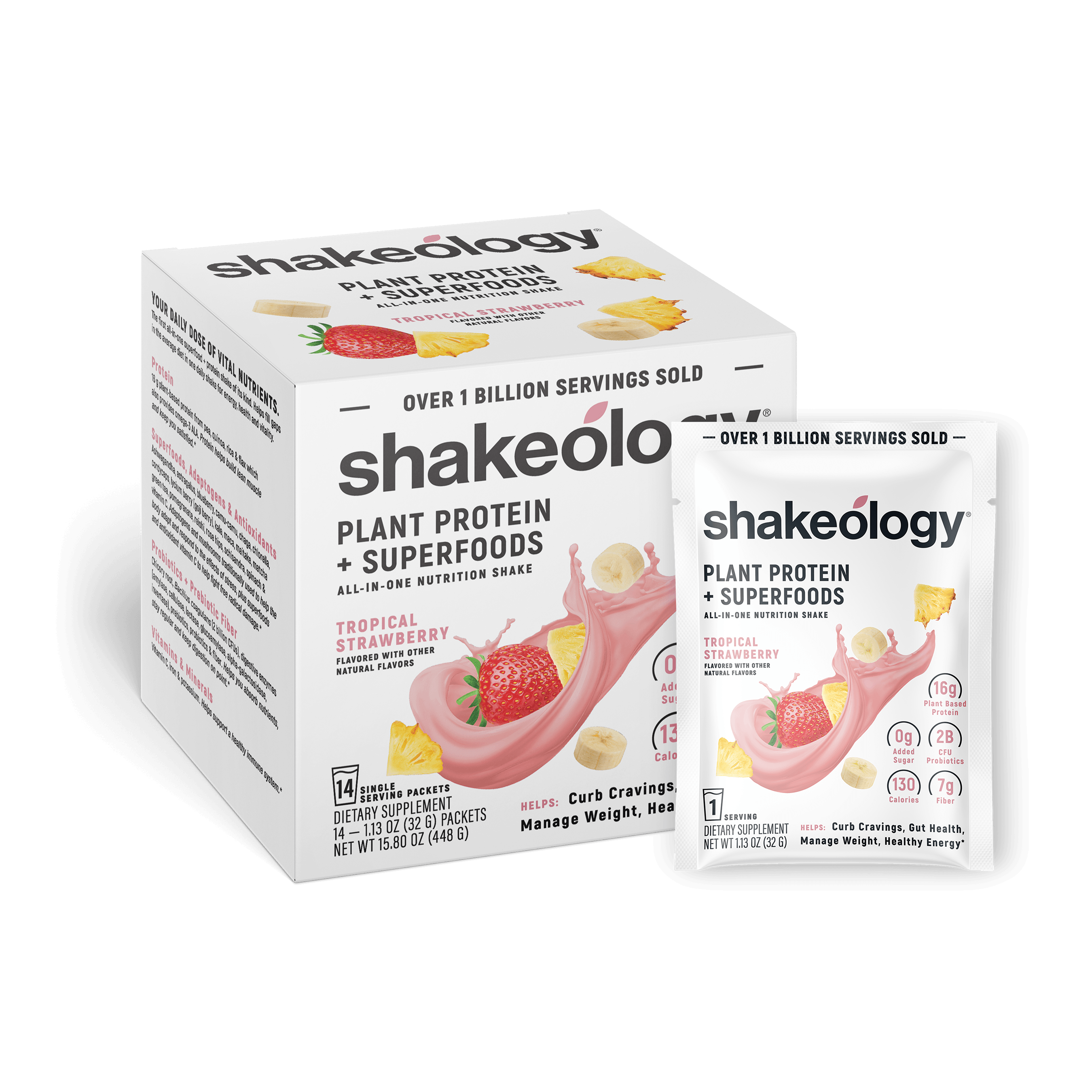 Shakeology Plant Protein + Superfoods shown as a retail box with a single sachet in front
