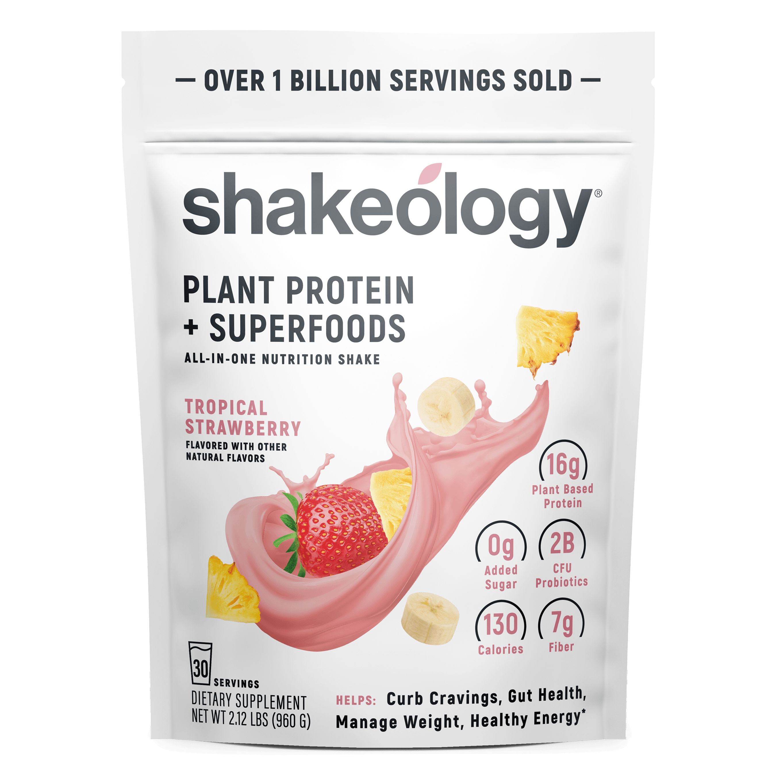 A stand-up pouch of Shakeology Plant Protein + Superfoods 