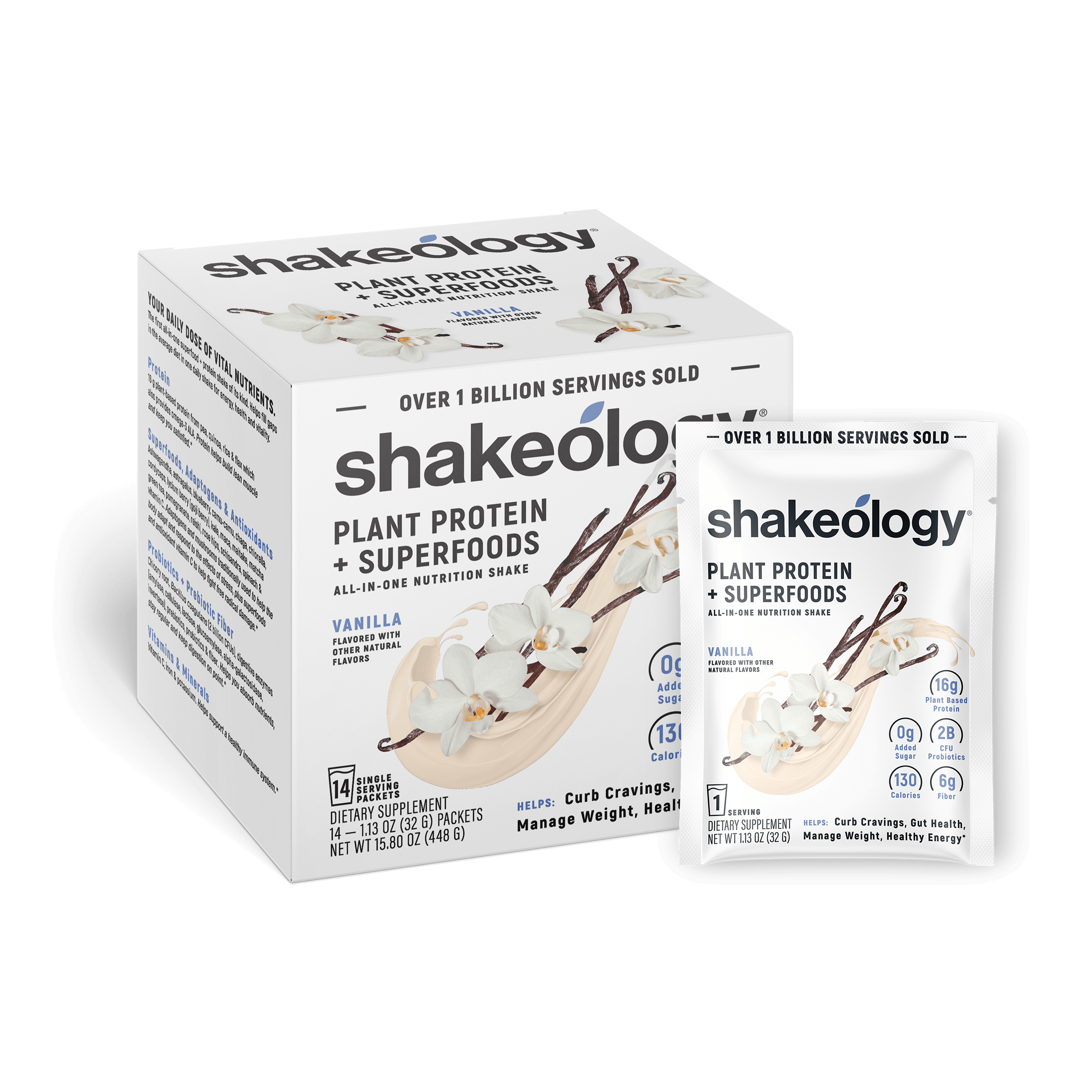 Shakeology Plant Protein + Superfoods shown as a retail box with a single sachet in front