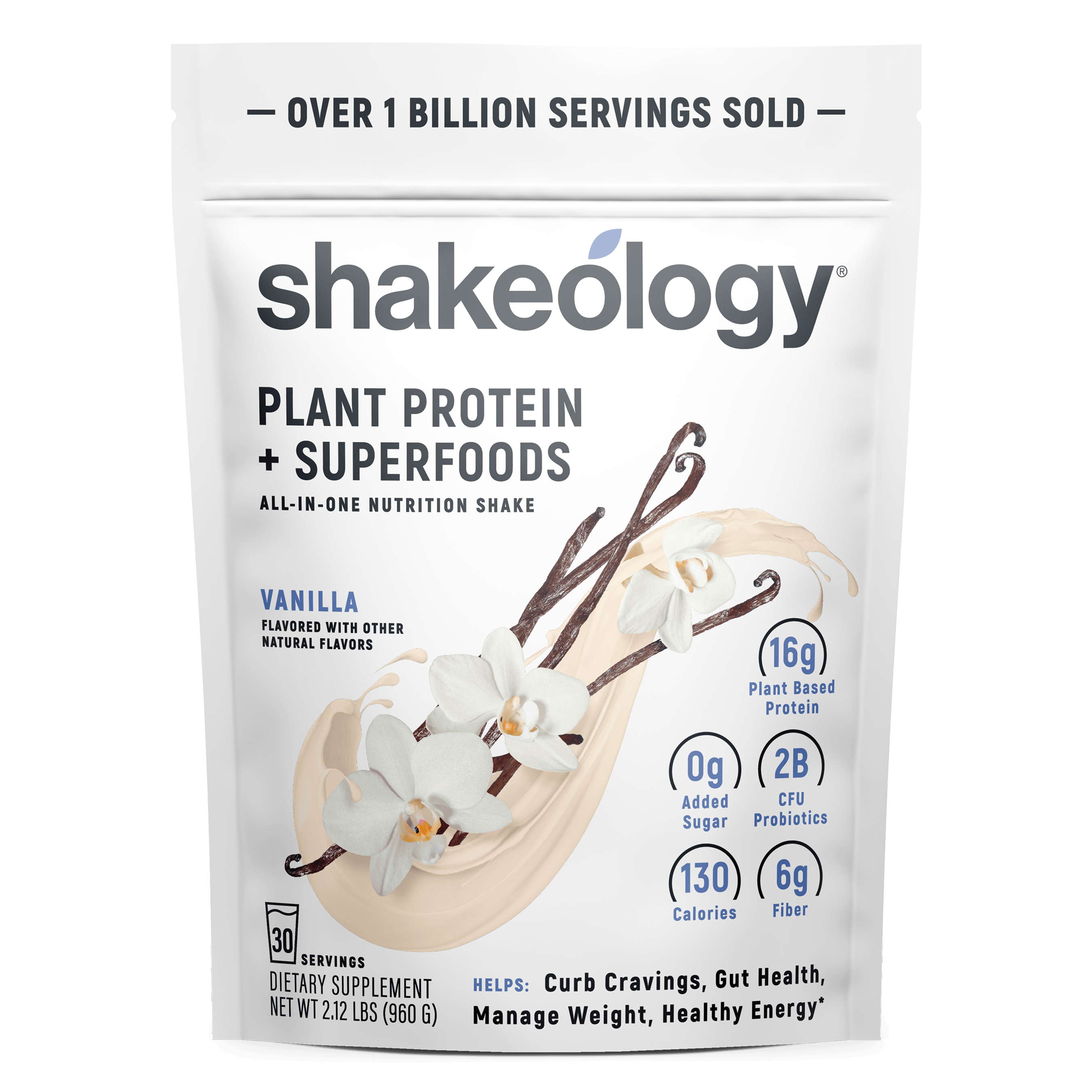 A stand-up pouch of Shakeology Plant Protein + Superfoods 