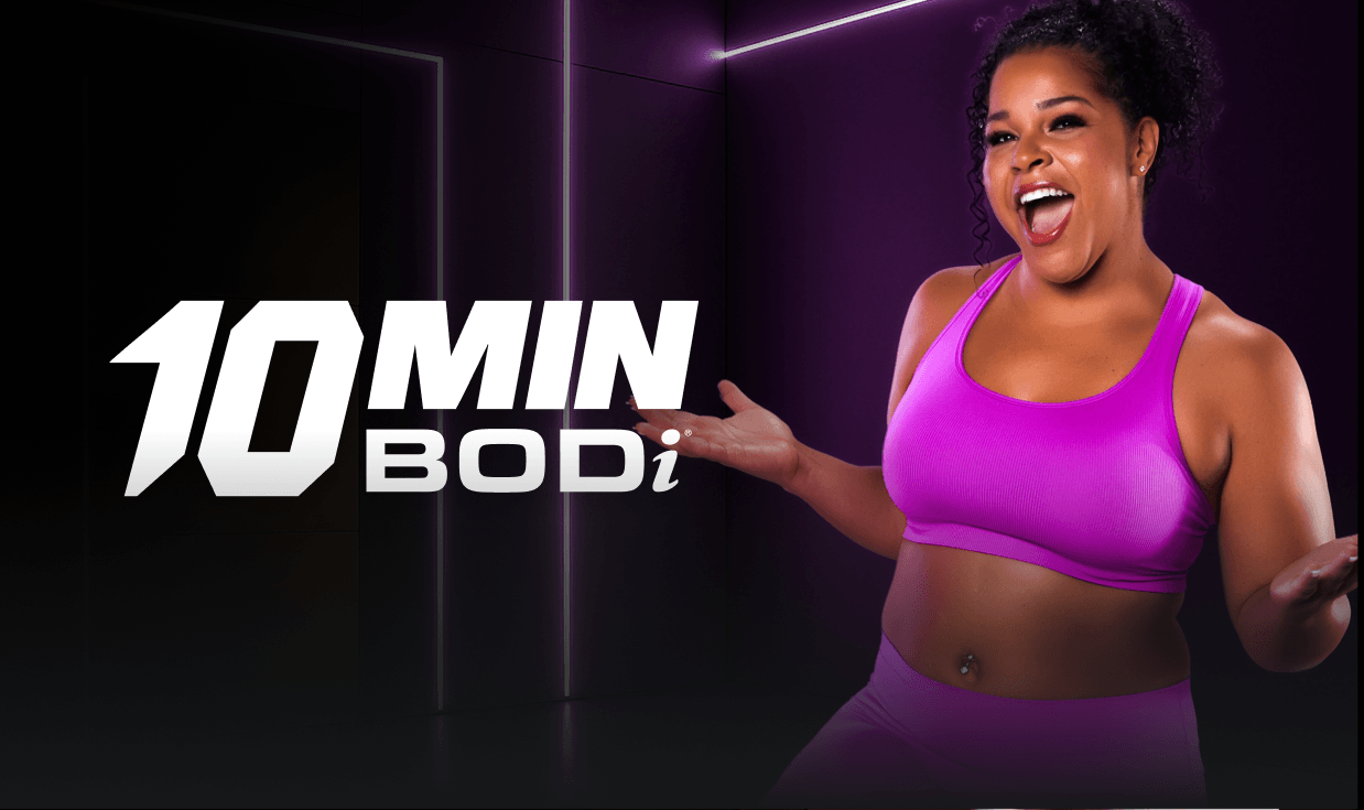 Woman in athletic wear with '10 MIN BODi' logo on a purple dark background